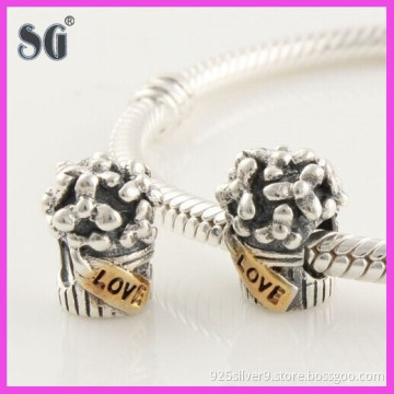 Vintage Style Sterling Silver 14ct Gold Love Bouquet Charm For European Bracelets